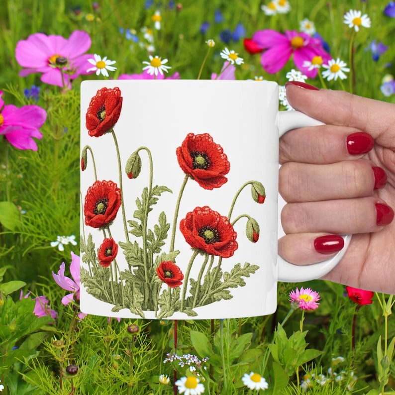 Red Poppy Botanical Mug | Ceramic Coffee Cup image 1