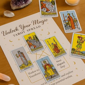 May include: A tarot spread with several tarot cards, crystals, and a lit candle on a wooden surface. The spread includes cards with illustrations and text, such as "MVER WISDOM" and "ACE of PENTACLE". The layout also features the text "Unlock Your Magic".
