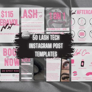 Puede incluir: Una colección de 50 plantillas de publicaciones de Instagram para técnicos de pestañas. Las plantillas presentan texto rosa y negro con imágenes de pestañas, ojos y productos para el cuidado de las pestañas. El texto incluye frases como "Reservar ahora", "Consejos para las pestañas", "Cuidado posterior de las pestañas" y "115 € Megavol Full Set".