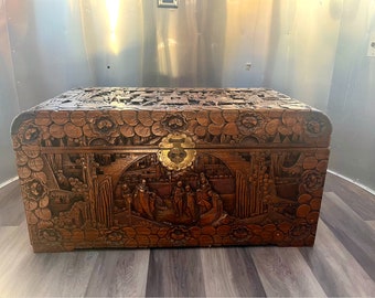 Vintage Chinese Camphor Wood Chest, Hand Carved, Early 19th Century