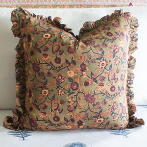 22x22 Set of Two Floral Ruffle Pillow, Olive Ruffled Pillow, Green Tassels Pillow, Frilled , Block Print Pillow Cover, Gathered Edges- 2 PCS