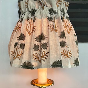 Gathered Lampshade Slipcover, Green Natural Linen Fabric Skirt Cover, Scrunched Fabric Lampshade, Drop Lamp Shade Cover, Block Print Fabric