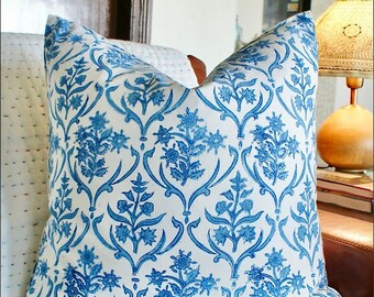 22x22 Hand Block Print Pillow Cover Set: Blue Floral Bohemian Decor