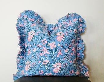 Parure de taie d'oreiller à motifs floraux : coussin à volants bleu rose (19 x 19)