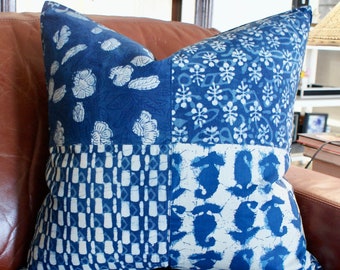 Juego de fundas de almohada con estampado de bloques índigo: Fundas de almohada estilo boho europeo (24x24)