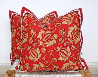 Floral Hand Block Print Pillow Cover Set: Red Bohemian Decor (22x22)