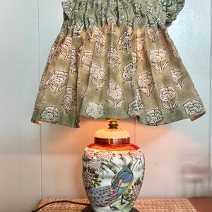 Gathered Lampshade Slipcover, Green White Fabric Border Skirt Cover, Scrunched Fabric Lampshade, Drop Lamp Shade Cover, Block Print Fabric