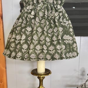 Gathered Lampshade Slipcover, Green White Fabric Border Skirt Cover, Scrunched Fabric Lampshade, Drop Lamp Shade Cover, Block Print Fabric