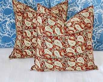 Block Print Pillow Covers (Set of Two): Brown Paisley Bohemian Accent Pillows