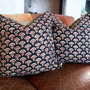 Hand Block Print Pillow Cover Set: Black & Red, 22&quot; Modern Farmhouse Decor