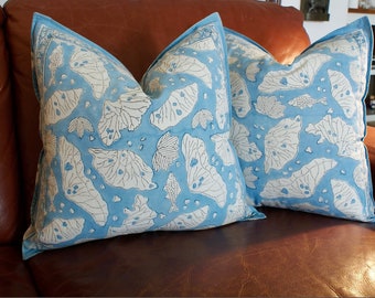 Coastal Blue Block Print Pillow Cover Set: Bohemian Farmhouse Accent (18x18)