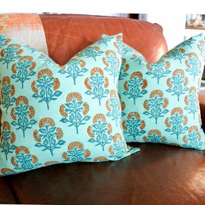 18&quot; Pair Floral Green Orange Linen Block Print  Pillow, Farmhouse Pillow, Bohemian Pillow Cover, Mid Century Modern Accent Pillow 2PCS