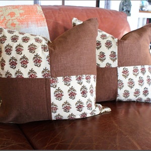 Floral Block Print Pillow Cover Set: Bohemian Tan Brown Accent Pillows (18x18)
