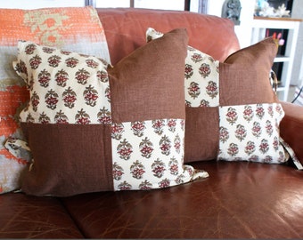 Floral Block Print Pillow Cover Set: Bohemian Tan Brown Accent Pillows (18x18)