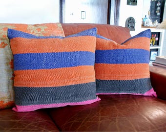 Kantha Hand Block Print Pillow Cover Set: Orange Blue Farmhouse Decor