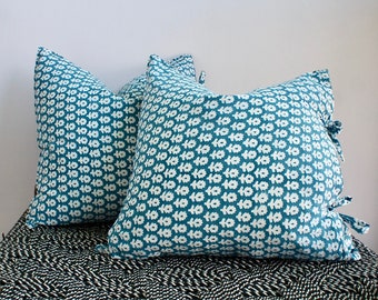 Floral Hand Block Print Pillow Cover Set: Blue Bohemian Accent Pillows, 20"