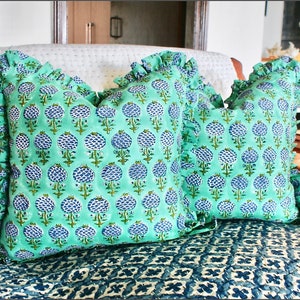 20x20 Set of Two Floral Ruffle Pillow | Blue Ruffled Pillow | Ruffle Cushion | Ruffle Block Print Pillow | Tassel Cushion Cover - 2Pcs