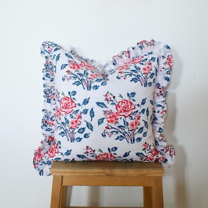 20x20 Shabby Chic Floral Ruffle Pillow | Pink Blue Ruffled Pillow | Ruffle Cushion | Ruffle Block Print Pillow Cover | Tassel Cushion Cover