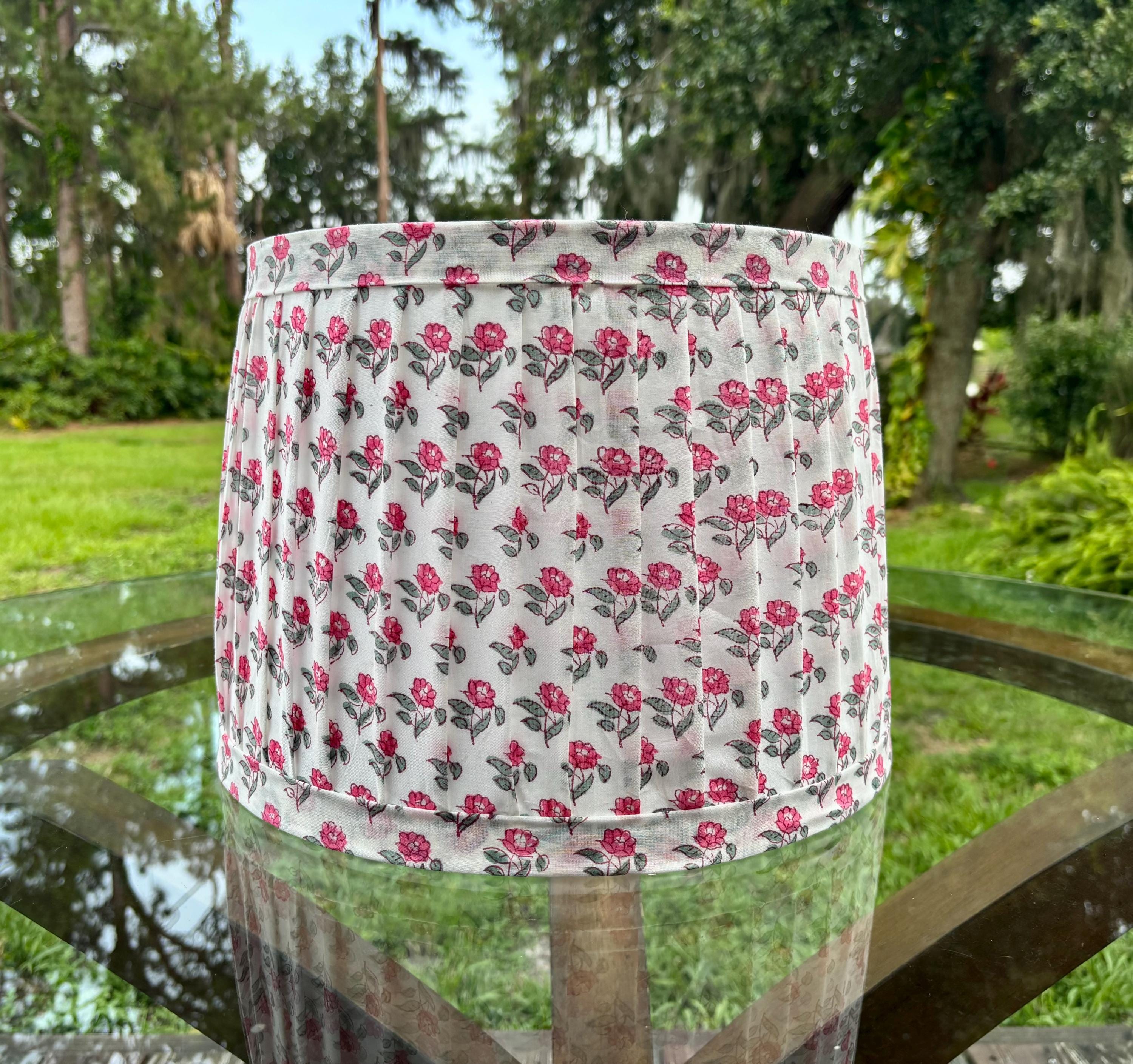 Hand Gathered Drum Lampshade with Trim, Block Print Fabric, Pink Gray White Lampshade, 12x14x10 Tall, Blockprint Lampshade, Cottage Style