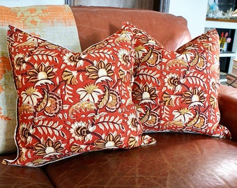 Block Print Pillow Cover Set: Red Brown Floral, Bohemian Accent (18 inch)