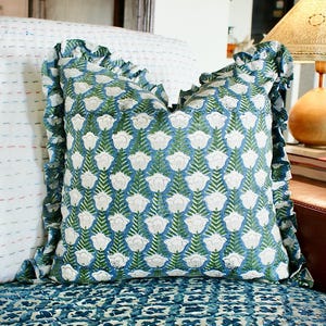 20x20 Single Piece Shabby Chic Floral Frilled Pillow, Blue Green Ruffled Pillow, Ruffle Block Print Pillow Cover, Tassel Cushion Cover