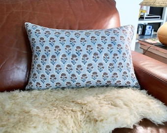 Hand Block Print Lumbar Pillow Cover: Sky Blue Floral, 14x20 Neutral Decor