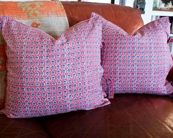 Floral Block Print Pillow Cover Set: Pink Bohemian Accent Cushion (18x18)