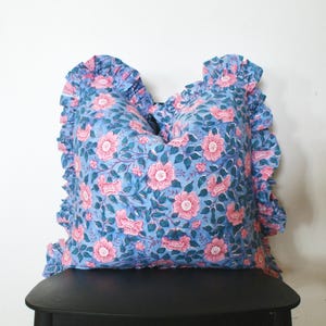 20x20 Set Of Two Shabby Chic Floral Ruffle Pillow | Blue Pink Ruffled Pillow | Ruffle Block Print Pillow Cover | Tassel Cushion Cover- 2PCS