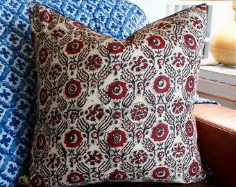 Block Print Pillow Cover Set: Red Floral Bohemian Accent Pillows (22x22, Set of Two)