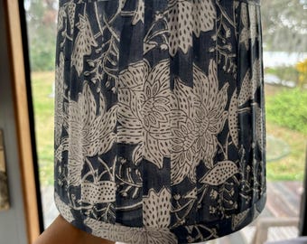 Pleated Drum Lampshade with Trim | Block Print Fabric | White Grayish Blue Lampshade | 7x8x8 1/2 Tall | Blockprint Lampshade | Cottage Style