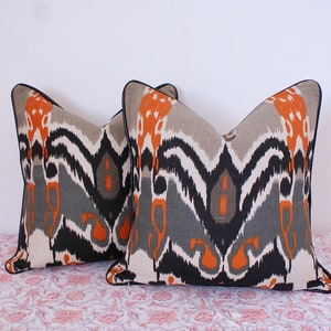 20x20 Set Of Two Block Print Pillow, Gray Pillow, Farmhouse Pillow, Bohemian Print Pillow Cover, Welted Pillow Cover, Cushion Cover -2Pcs