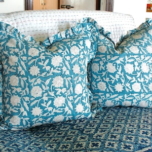 20x20 Set of Two Floral Ruffle Pillow | Teal Ruffled Pillow | Ruffle Cushion | Ruffle Block Print Pillow | Tassel Cushion Cover - 2Pcs