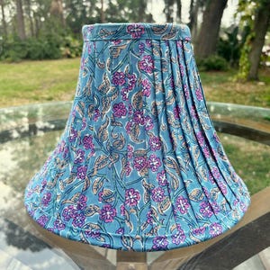 Pleated Bell Lampshade with Trim | Block Print Fabric | Pink Grayish Blue Lampshade | 5x12x9 Tall | Blockprint Lampshade | Cottage Style
