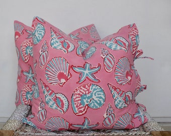 Ensemble de taie d'oreiller à imprimé blocs de main : motif coquillage rose, décoration bohème pour enfants