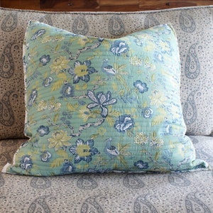26x26 Green Quilted Block Print Pillow Covers, Bohemian Pillow Cover, Bedroom Sham, Mid Century Modern, Euro Shams, Sofa Couch Throw- 2PCS