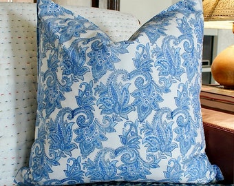 Hand Block Print Pillow Cover Set: Blue Floral Bohemian Decor