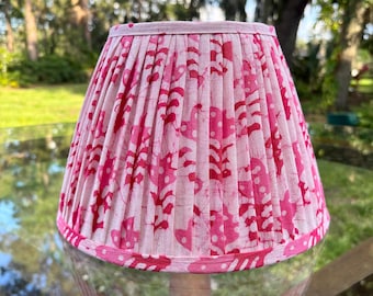 10&quot; Hand Gathered Empire Lampshade with Trim, Block Print Fabric, Baby Pink Lampshade, 5.5x10x7 Tall, Blockprint Lampshade, Cottage Style