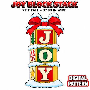 Könnte beinhalten: Eine grafische Illustration eines Joy Block Stack mit dem Text JOY BLOCK STACK und 213,36 cm Höhe x 94,06 cm Breite. Das Design zeigt drei gestapelte Blöcke mit den Buchstaben J, O und Y, gekrönt von einer großen roten Schleife und Schnee.