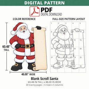 May include: A digital PDF pattern for a Blank Scroll Santa, featuring a colored reference and a full-size layout with 30 numbered tracing pages. The finished design measures 60.48 inches tall by 48.00 inches wide, showing Santa holding a blank scroll.