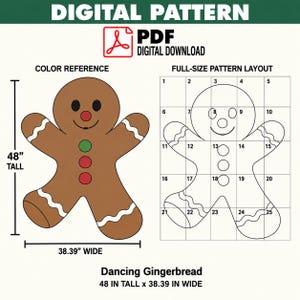 May include: A digital PDF pattern for a gingerbread person measuring 48 inches tall by 38.39 inches wide. The graphic shows a brown gingerbread figure with a red nose, green and red buttons, and white wavy icing lines on the arms and legs.