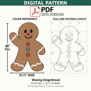 May include: A digital PDF pattern for a Waving Gingerbread figure. The image shows a brown gingerbread person with a red nose, three circular buttons in red and green, and white wavy lines on the limbs. It measures 48 inches tall by 35.71 inches wide.