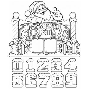 Può includere: Un modello digitale in bianco e nero raffigurante Babbo Natale che fa un pollice in su sopra un cartello con la scritta DAYS UNTIL CHRISTMAS. Il design include due scatole regalo, due pannelli rettangolari vuoti e i numeri da zero a nove.
