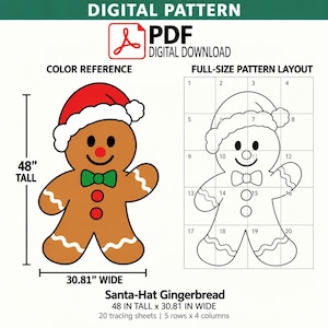 May include: A digital PDF pattern for a Santa-Hat Gingerbread figure. The design features a brown gingerbread person wearing a red Santa hat, a green bow tie, and two red buttons. The pattern includes a 48-inch tall by 30.81-inch wide layout.