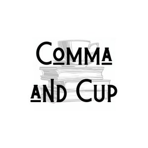 May include: Black and white logo design for a business called "Comma and Cup". The logo features a stack of books with a coffee cup on top.