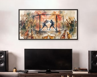 Quadro su tela opaca incorniciato raffigurante un combattimento di MMA ad acquerello.