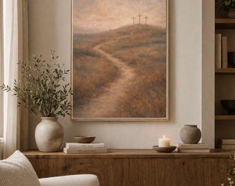 Quadro su tela opaca incorniciato raffigurante la collina del Calvario.