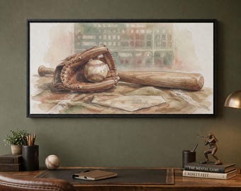 Quadro vintage su tela opaca con cornice, raffigurante una palla da baseball vintage.