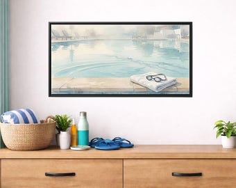 Quadro su tela opaca incorniciato con telo e occhialini da piscina.