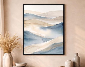Quadro astratto su tela con cornice opaca, acquerello blu beige.
