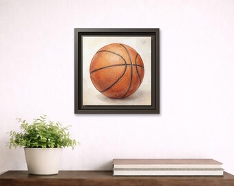 Quadro su tela con cornice opaca, acquerello raffigurante una pallacanestro.